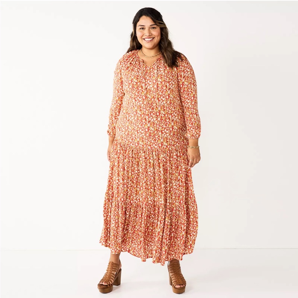 Sonoma Women’s Plus Size Red Floral Long Sleeve Tiered Maxi Dress - NWT